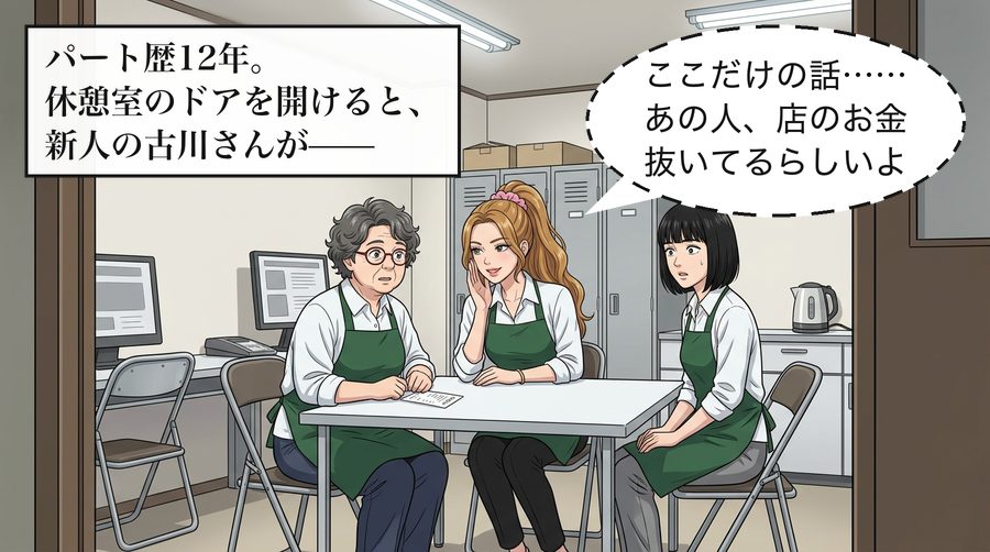 パート歴12年。休憩室のドアを開けると、新人の古川さんが—— 古川玲奈「ここだけの話……あの人、店のお金抜いてるらしいよ」