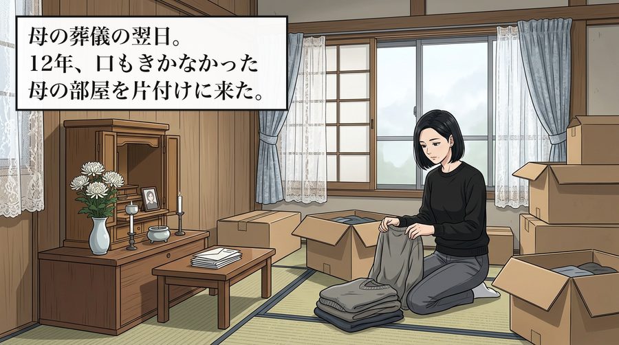 母の葬儀の翌日。12年、口もきかなかった母の部屋を片付けに来た。