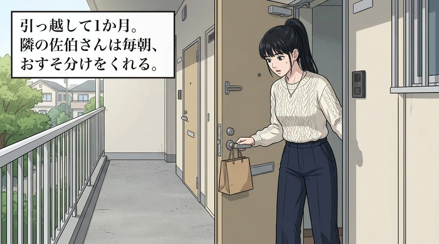 引っ越して1か月。隣の佐伯さんは毎朝、おすそ分けをくれる。