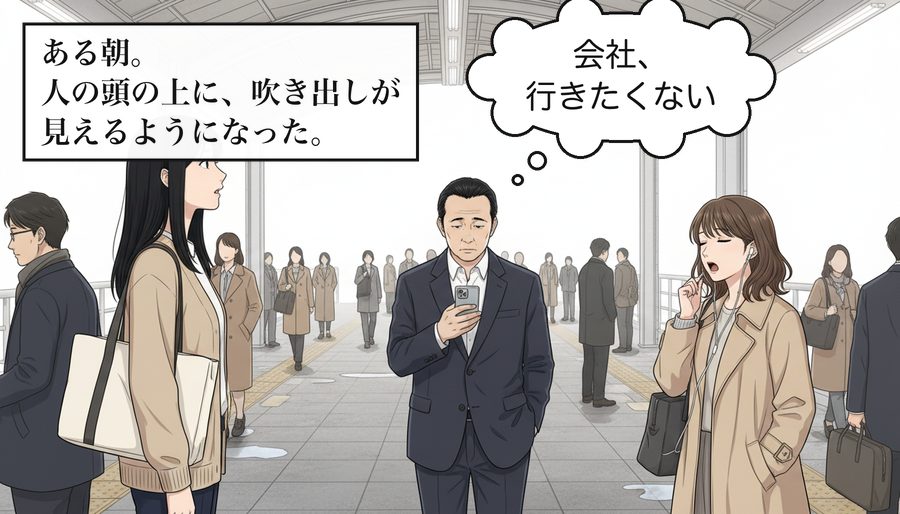 ある朝。人の頭の上に、吹き出しが見えるようになった。 通勤中の会社員「会社、行きたくない」