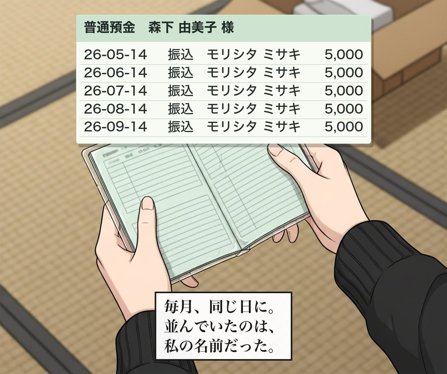 普通預金　森下 由美子 様：26-05-14 振込　モリシタ ミサキ 5,000 26-06-14 振込　モリシタ ミサキ 5,000 26-07-14 振込　モリシタ ミサキ 5,000 26-08-14 振込　モリシタ ミサキ 5,000 26-09-14 振込　モリシタ ミサキ 5,000 毎月、同じ日に。並んでいたのは、私の名前だった。