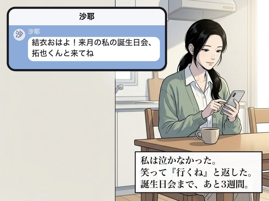 沙耶：沙耶「結衣おはよ！来月の私の誕生日会、拓也くんと来てね」 私は泣かなかった。笑って『行くね』と返した。誕生日会まで、あと3週間。