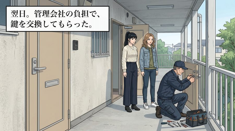 翌日。管理会社の負担で、鍵を交換してもらった。
