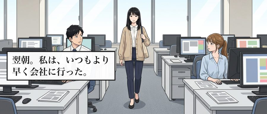 翌朝。私は、いつもより早く会社に行った。