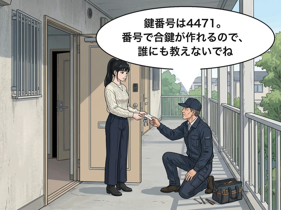 鍵屋さん「鍵番号は4471。番号で合鍵が作れるので、誰にも教えないでね」