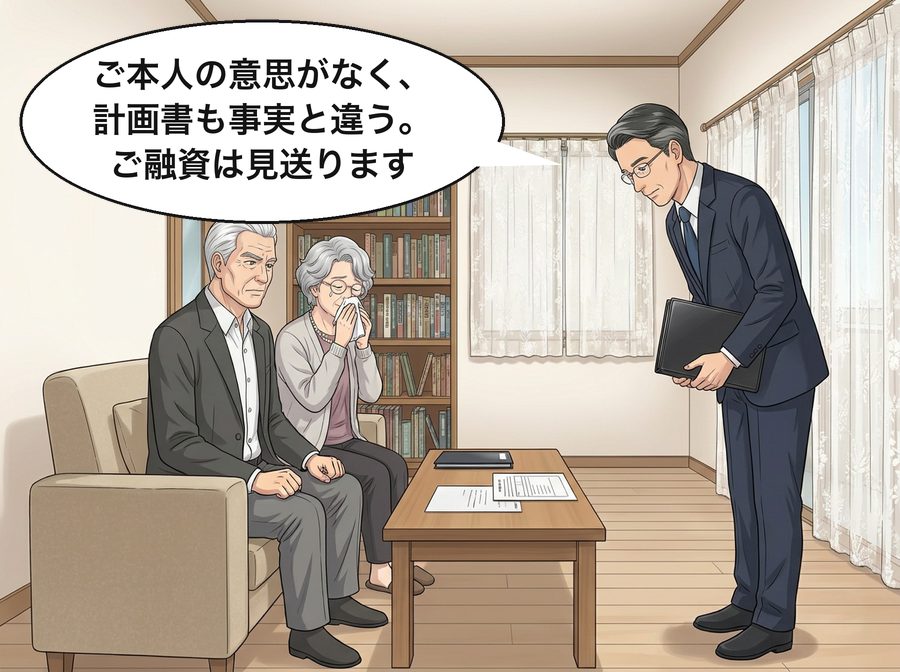 銀行の担当者「ご本人の意思がなく、計画書も事実と違う。ご融資は見送ります」
