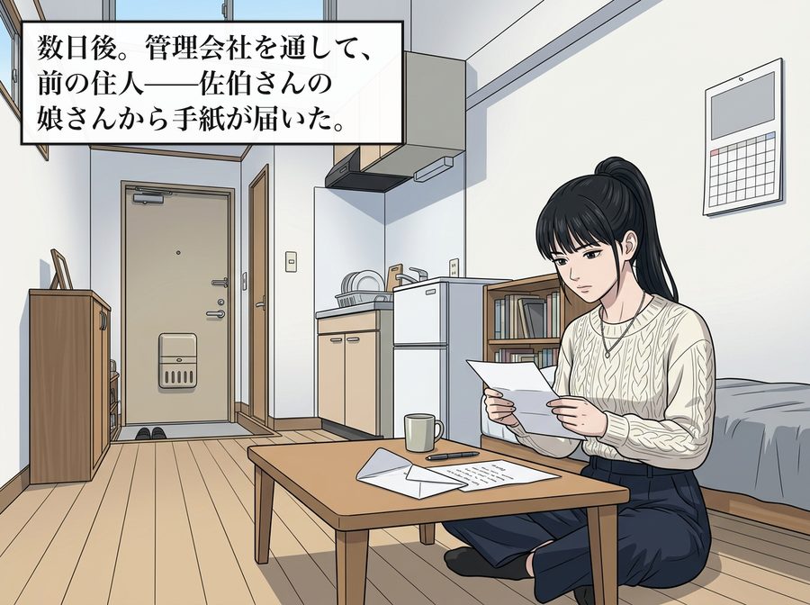 数日後。管理会社を通して、前の住人——佐伯さんの娘さんから手紙が届いた。