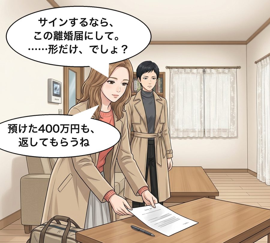 真奈「サインするなら、この離婚届にして。……形だけ、でしょ？」 真奈「預けた400万円も、返してもらうね」