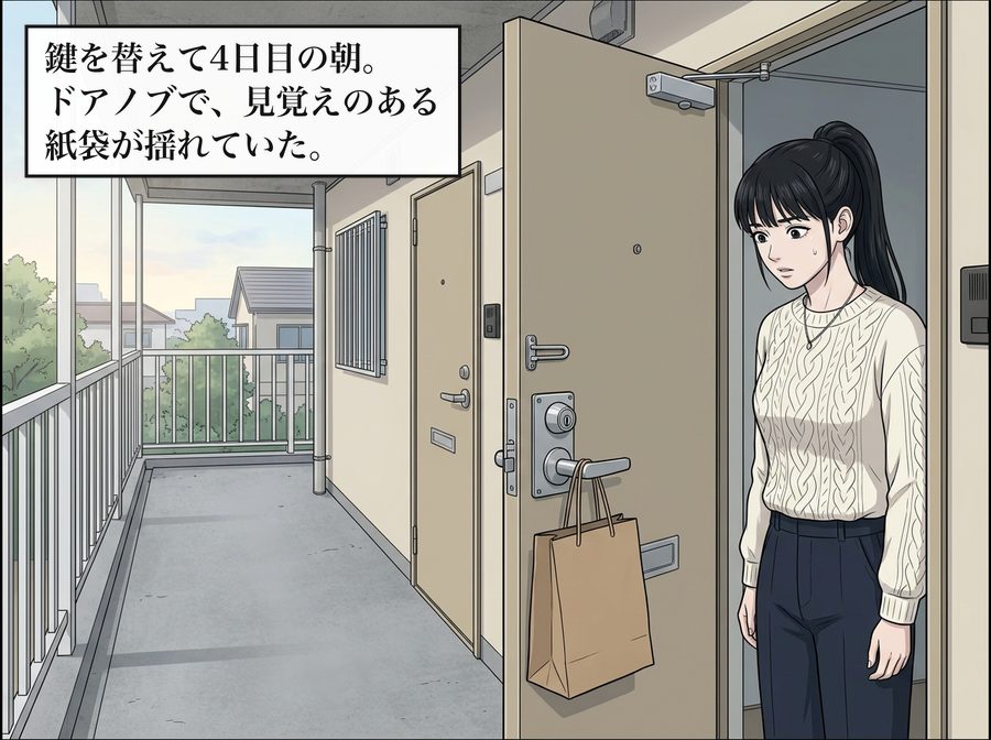 鍵を替えて4日目の朝。ドアノブで、見覚えのある紙袋が揺れていた。