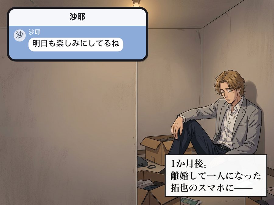 沙耶：沙耶「明日も楽しみにしてるね」 1か月後。離婚して一人になった拓也のスマホに——