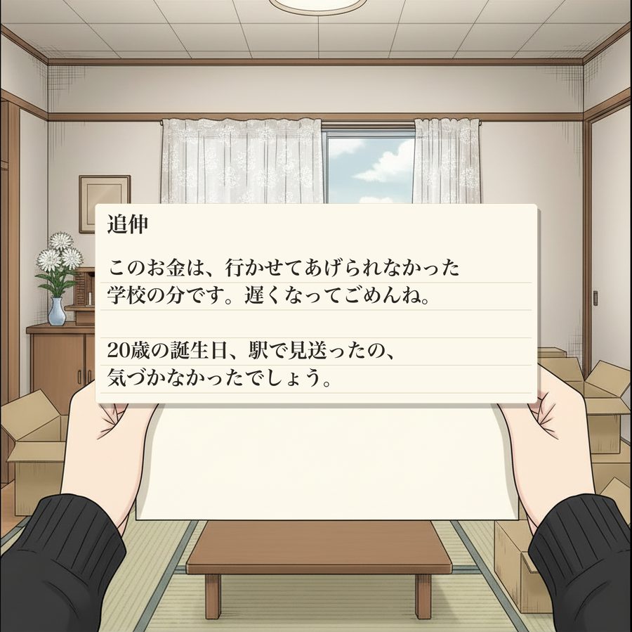 追伸：このお金は、行かせてあげられなかった 学校の分です。遅くなってごめんね。  20歳の誕生日、駅で見送ったの、 気づかなかったでしょう。