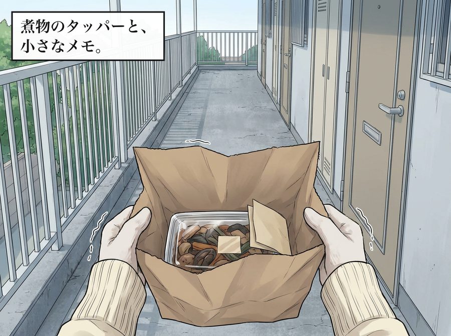 煮物のタッパーと、小さなメモ。