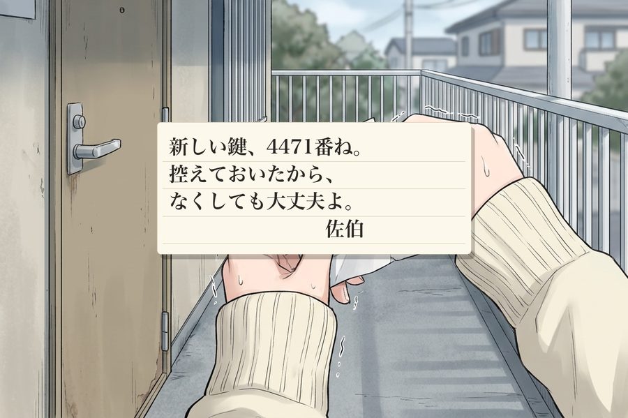 新しい鍵、4471番ね。 控えておいたから、 なくしても大丈夫よ。 　　　　　　　　佐伯