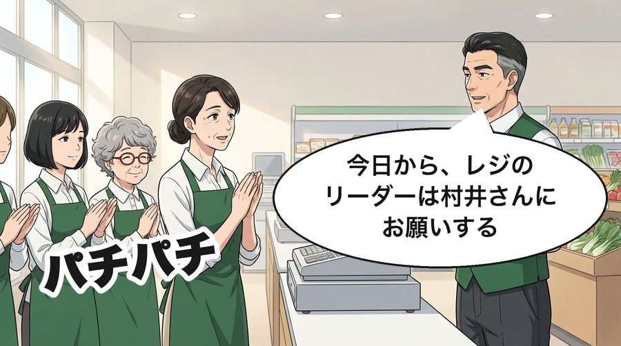 大野店長「今日から、レジのリーダーは村井さんにお願いする」 パチパチ