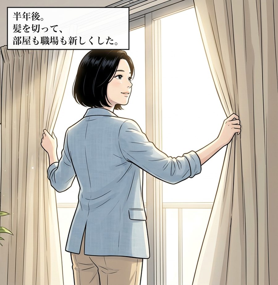 半年後。髪を切って、部屋も職場も新しくした。