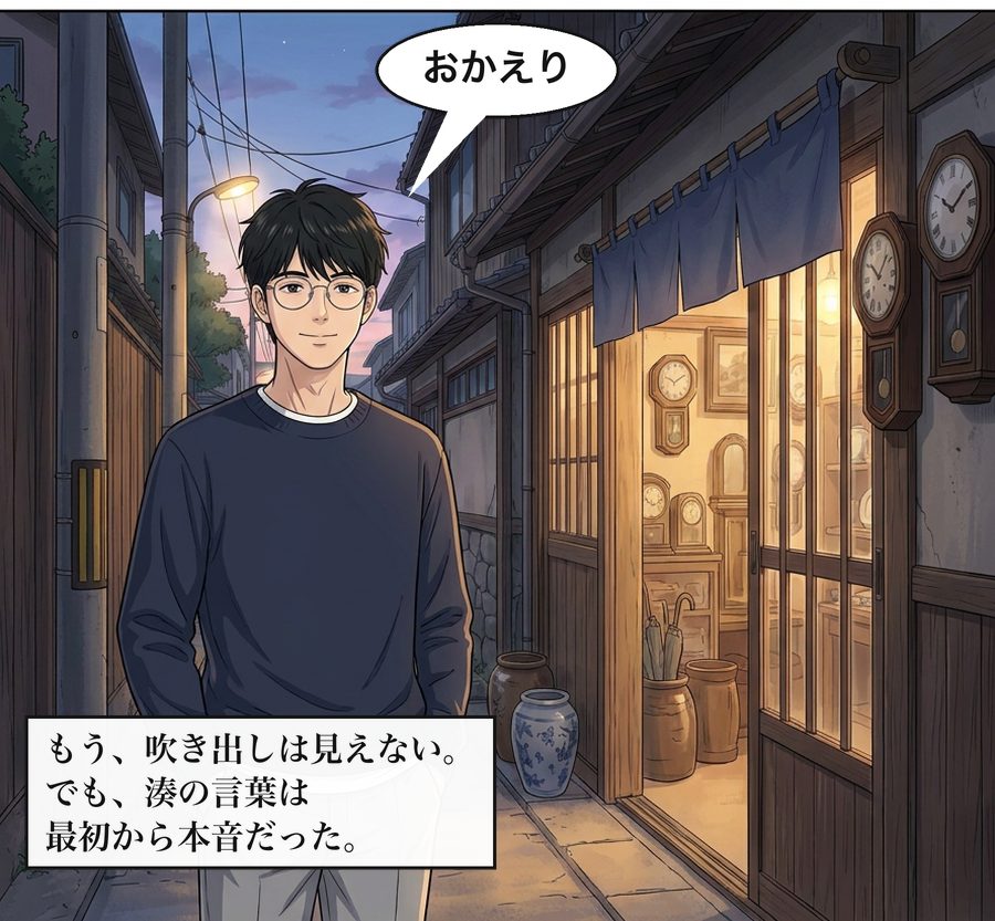 朝倉湊「おかえり」 もう、吹き出しは見えない。でも、湊の言葉は最初から本音だった。