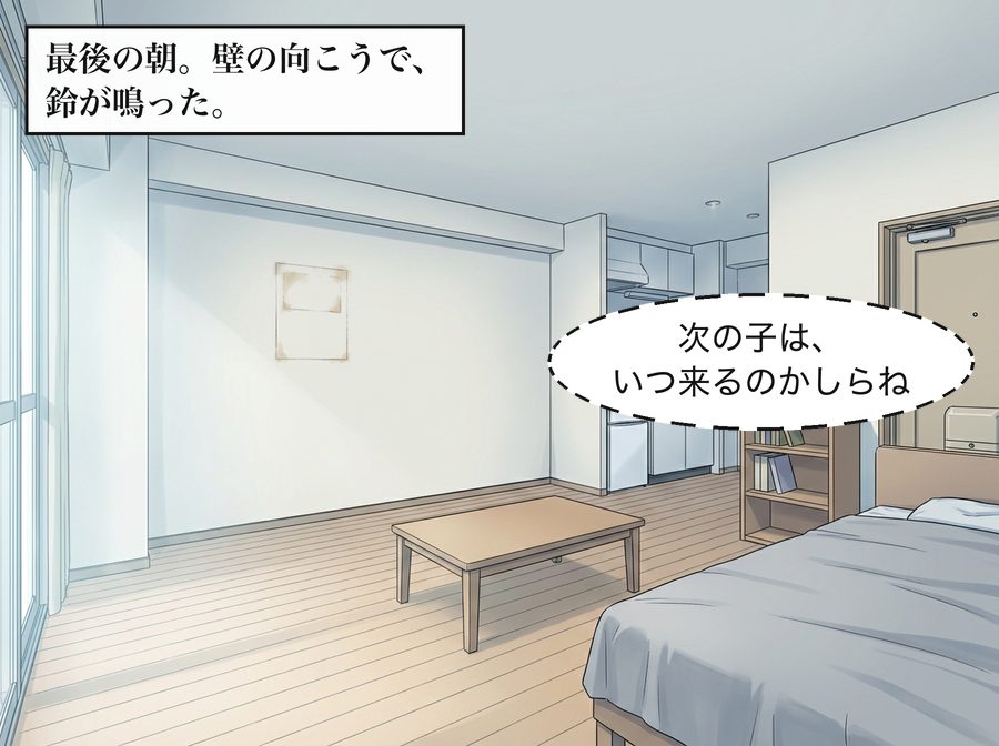 最後の朝。壁の向こうで、鈴が鳴った。 佐伯さん「次の子は、いつ来るのかしらね」