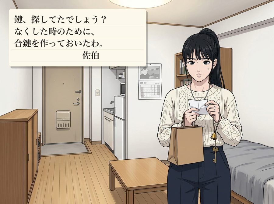 鍵、探してたでしょう？ なくした時のために、 合鍵を作っておいたわ。 　　　　　　　　佐伯