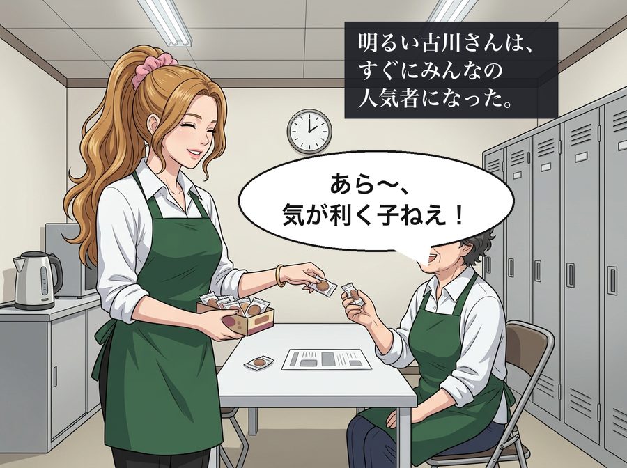 明るい古川さんは、すぐにみんなの人気者になった。 和田さん「あら〜、気が利く子ねえ！」