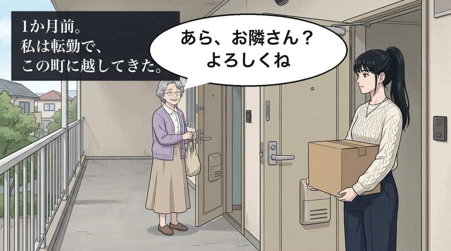 1か月前。私は転勤で、この町に越してきた。 佐伯さん「あら、お隣さん？よろしくね」