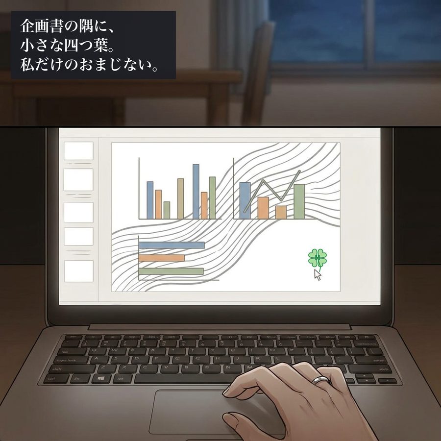 企画書の隅に、小さな四つ葉。私だけのおまじない。
