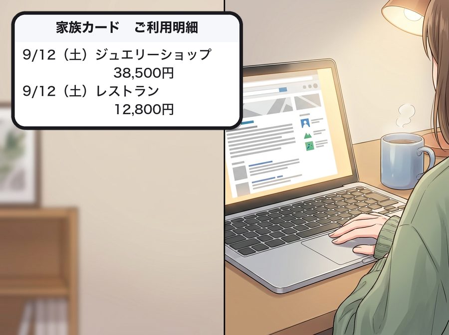 家族カード　ご利用明細：9/12（土）ジュエリーショップ 　　　　　　　38,500円 9/12（土）レストラン 　　　　　　　12,800円