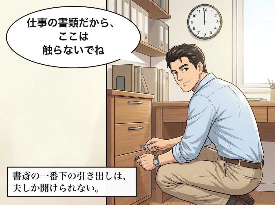 浩司「仕事の書類だから、ここは触らないでね」 書斎の一番下の引き出しは、夫しか開けられない。