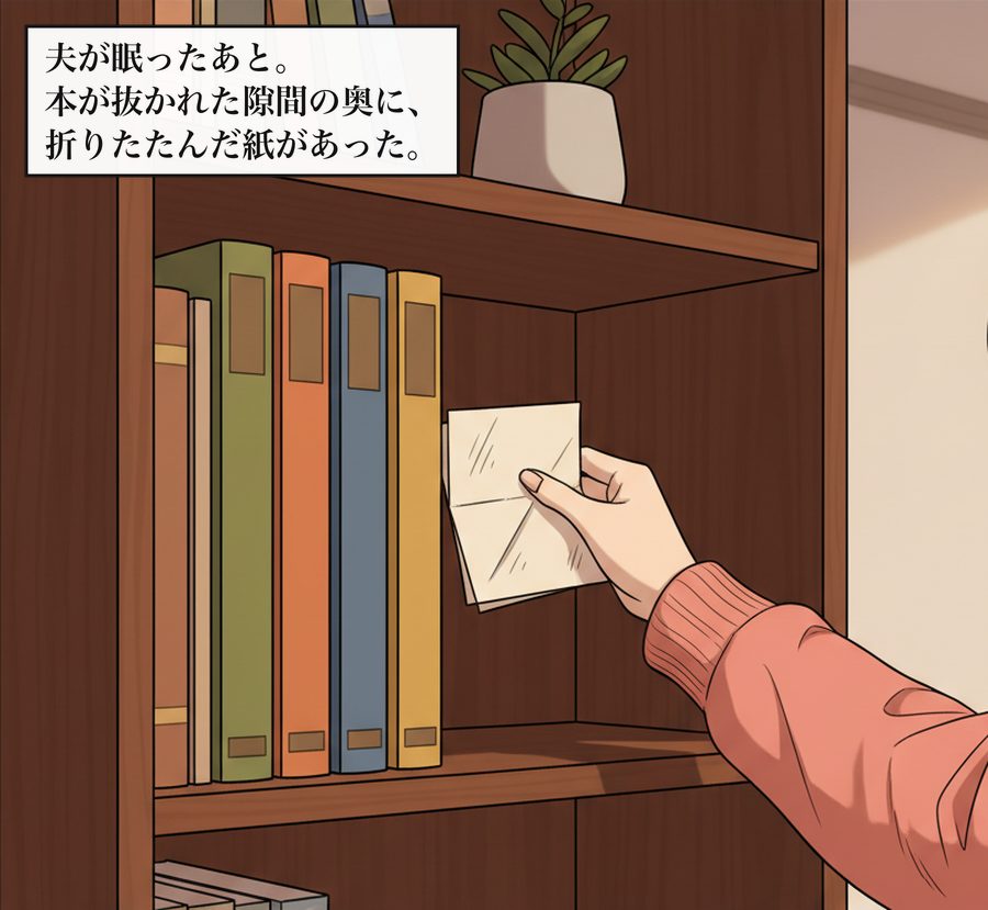 夫が眠ったあと。本が抜かれた隙間の奥に、折りたたんだ紙があった。