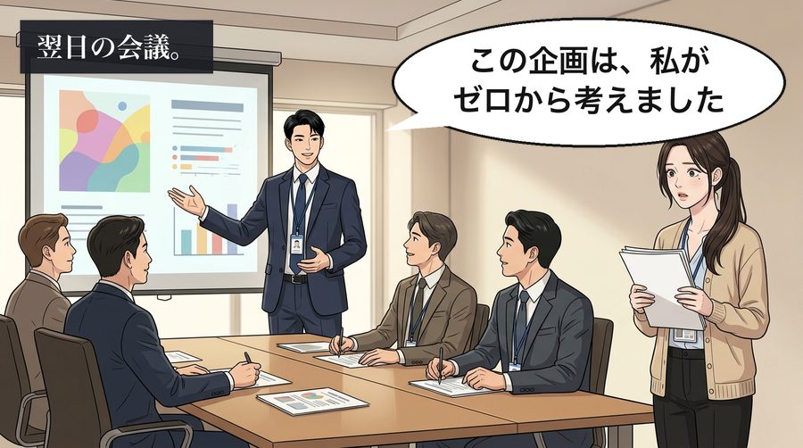 翌日の会議。 黒田翔太「この企画は、私がゼロから考えました」