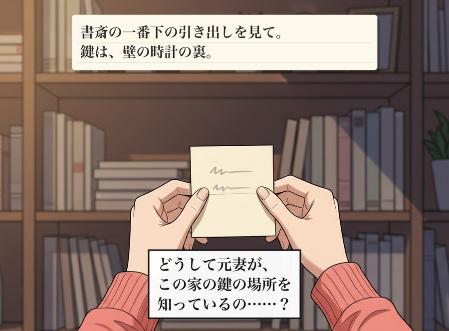 書斎の一番下の引き出しを見て。 鍵は、壁の時計の裏。 どうして元妻が、この家の鍵の場所を知っているの……？