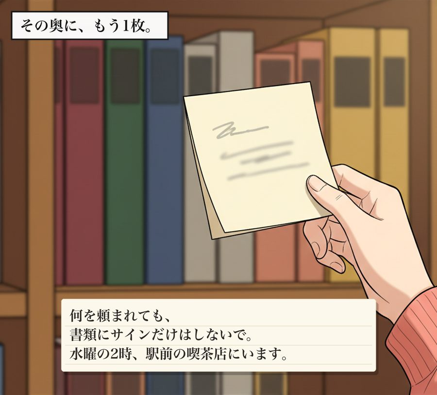 その奥に、もう1枚。 何を頼まれても、 書類にサインだけはしないで。 水曜の2時、駅前の喫茶店にいます。