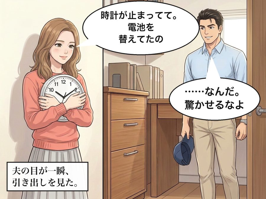 真奈「時計が止まってて。電池を替えてたの」 浩司「……なんだ。驚かせるなよ」 夫の目が一瞬、引き出しを見た。