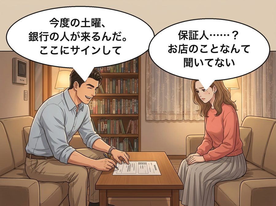 浩司「今度の土曜、銀行の人が来るんだ。ここにサインして」 真奈「保証人……？お店のことなんて聞いてない」