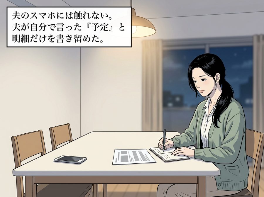 夫のスマホには触れない。夫が自分で言った『予定』と明細だけを書き留めた。