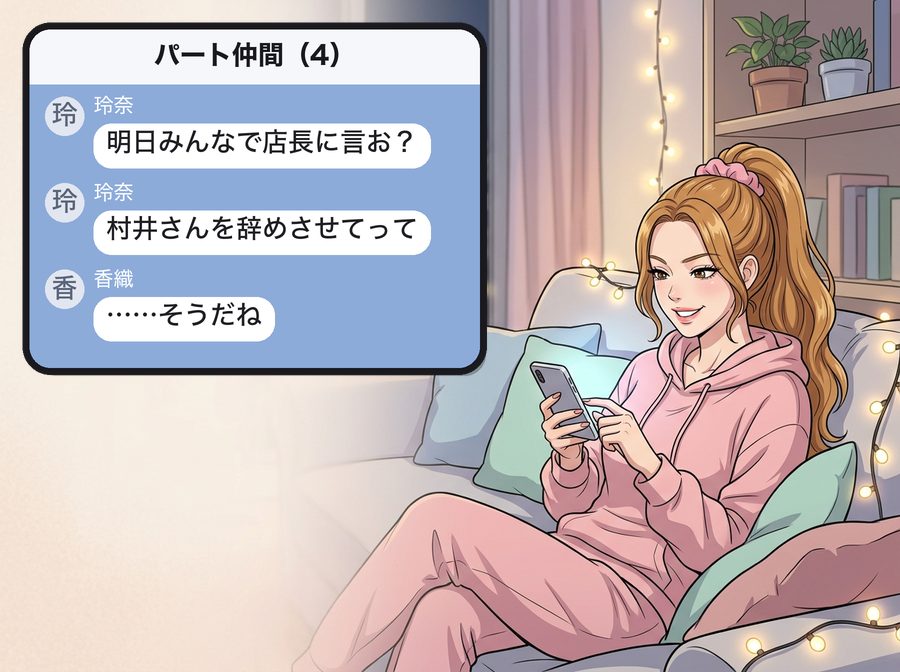 パート仲間（4）：玲奈「明日みんなで店長に言お？」 玲奈「村井さんを辞めさせてって」 香織「……そうだね」