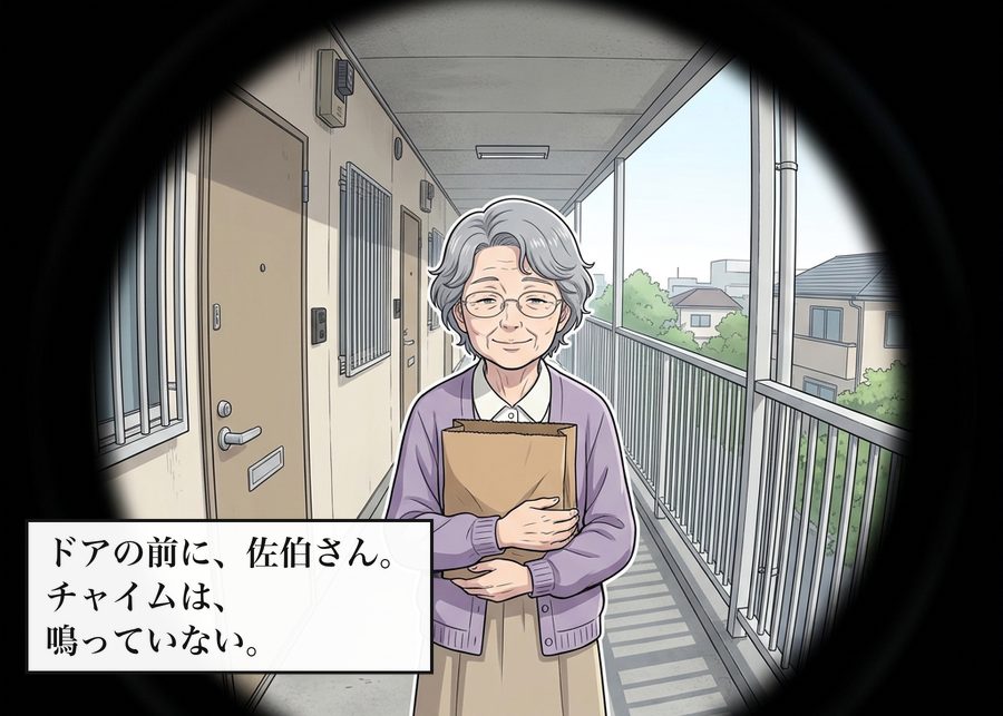 ドアの前に、佐伯さん。チャイムは、鳴っていない。