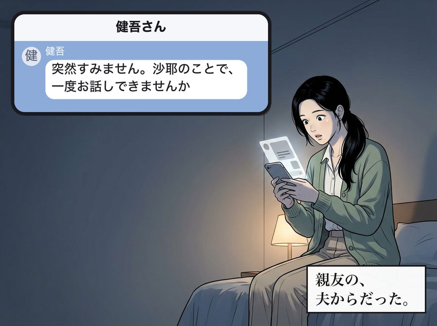 健吾さん：健吾「突然すみません。沙耶のことで、一度お話しできませんか」 親友の、夫からだった。