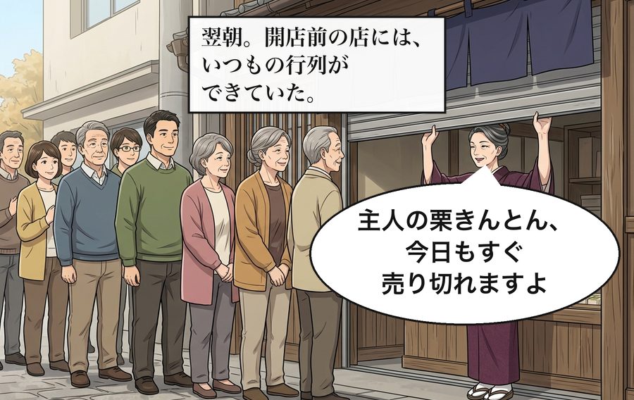 翌朝。開店前の店には、いつもの行列ができていた。 登美子「主人の栗きんとん、今日もすぐ売り切れますよ」