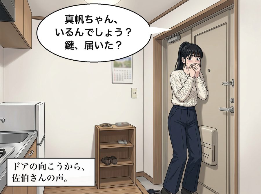 佐伯さん「真帆ちゃん、いるんでしょう？鍵、届いた？」 ドアの向こうから、佐伯さんの声。