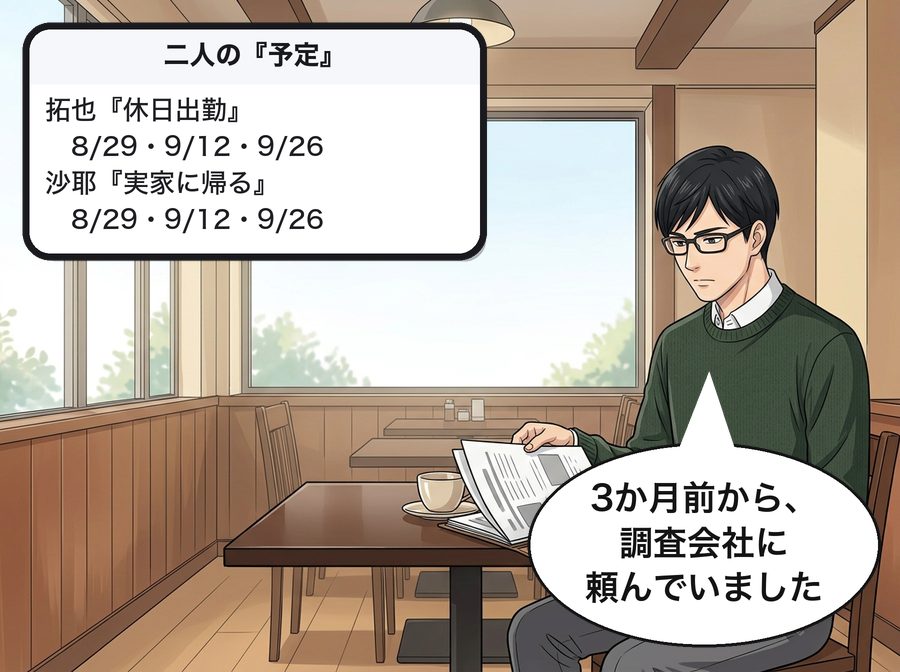 二人の『予定』：拓也『休日出勤』 　8/29・9/12・9/26 沙耶『実家に帰る』 　8/29・9/12・9/26 健吾「3か月前から、調査会社に頼んでいました」
