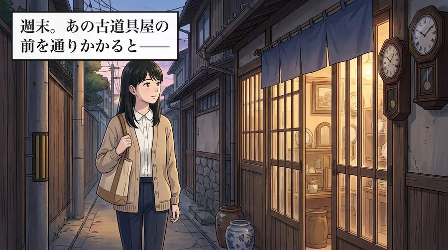 週末。あの古道具屋の前を通りかかると——
