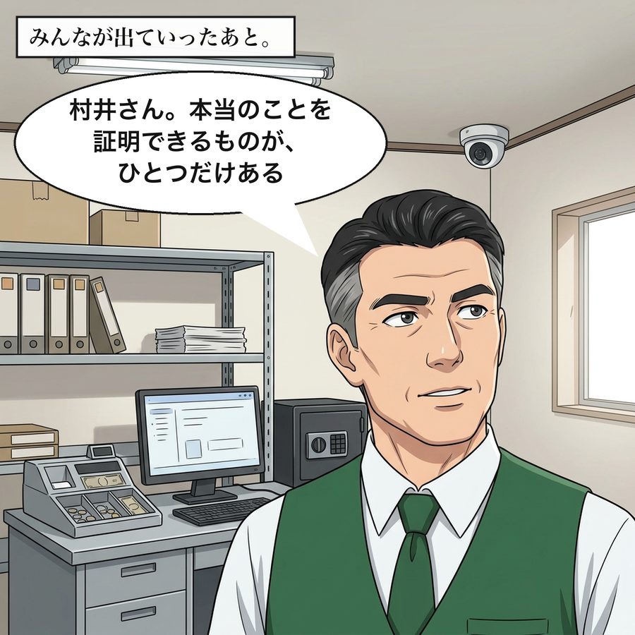 みんなが出ていったあと。 大野店長「村井さん。本当のことを証明できるものが、ひとつだけある」