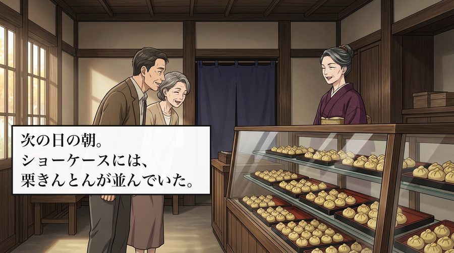 次の日の朝。ショーケースには、栗きんとんが並んでいた。