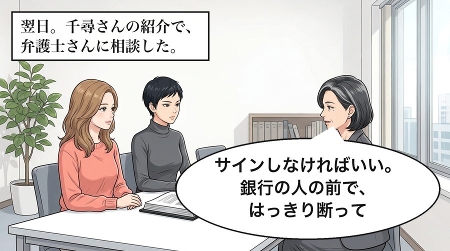 翌日。千尋さんの紹介で、弁護士さんに相談した。 弁護士「サインしなければいい。銀行の人の前で、はっきり断って」