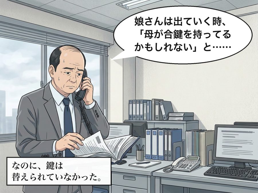 管理会社の堀田「娘さんは出ていく時、「母が合鍵を持ってるかもしれない」と……」 なのに、鍵は替えられていなかった。