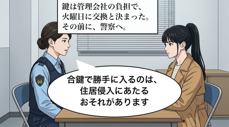 鍵は管理会社の負担で、火曜日に交換と決まった。その前に、警察へ。 警察官「合鍵で勝手に入るのは、住居侵入にあたるおそれがあります」