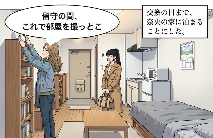 奈央「留守の間、これで部屋を撮っとこ」 交換の日まで、奈央の家に泊まることにした。