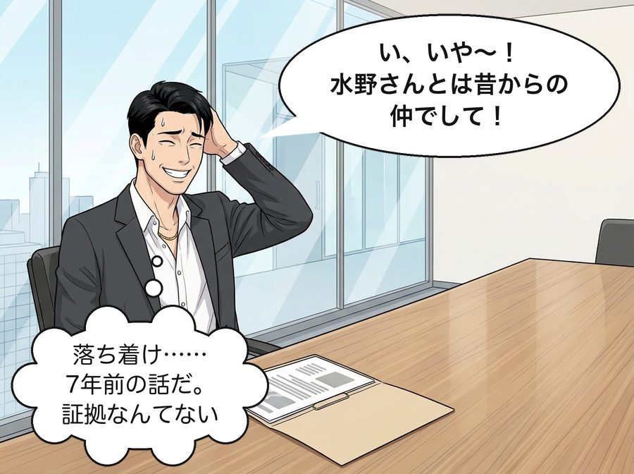 黒田翔太「い、いや〜！水野さんとは昔からの仲でして！」 黒田翔太「落ち着け……7年前の話だ。証拠なんてない」