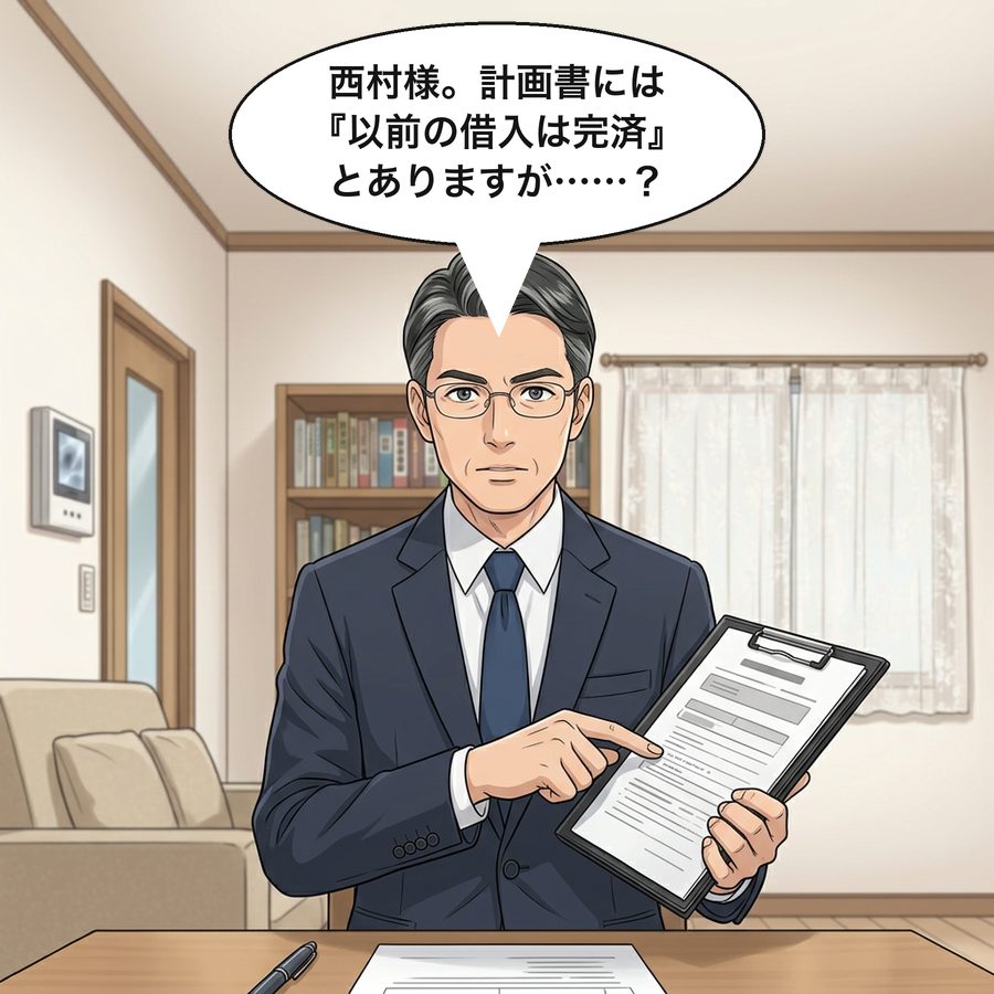 銀行の担当者「西村様。計画書には『以前の借入は完済』とありますが……？」