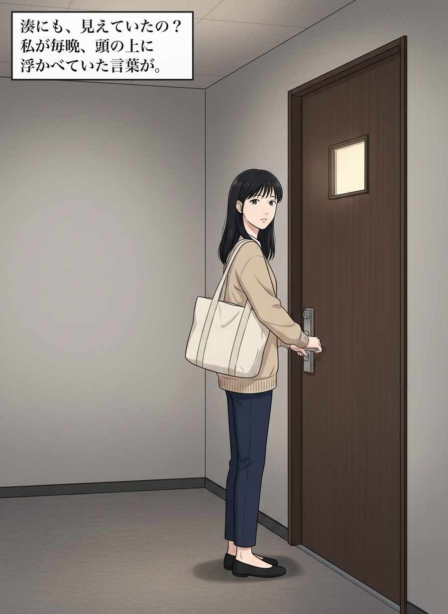 湊にも、見えていたの？私が毎晩、頭の上に浮かべていた言葉が。
